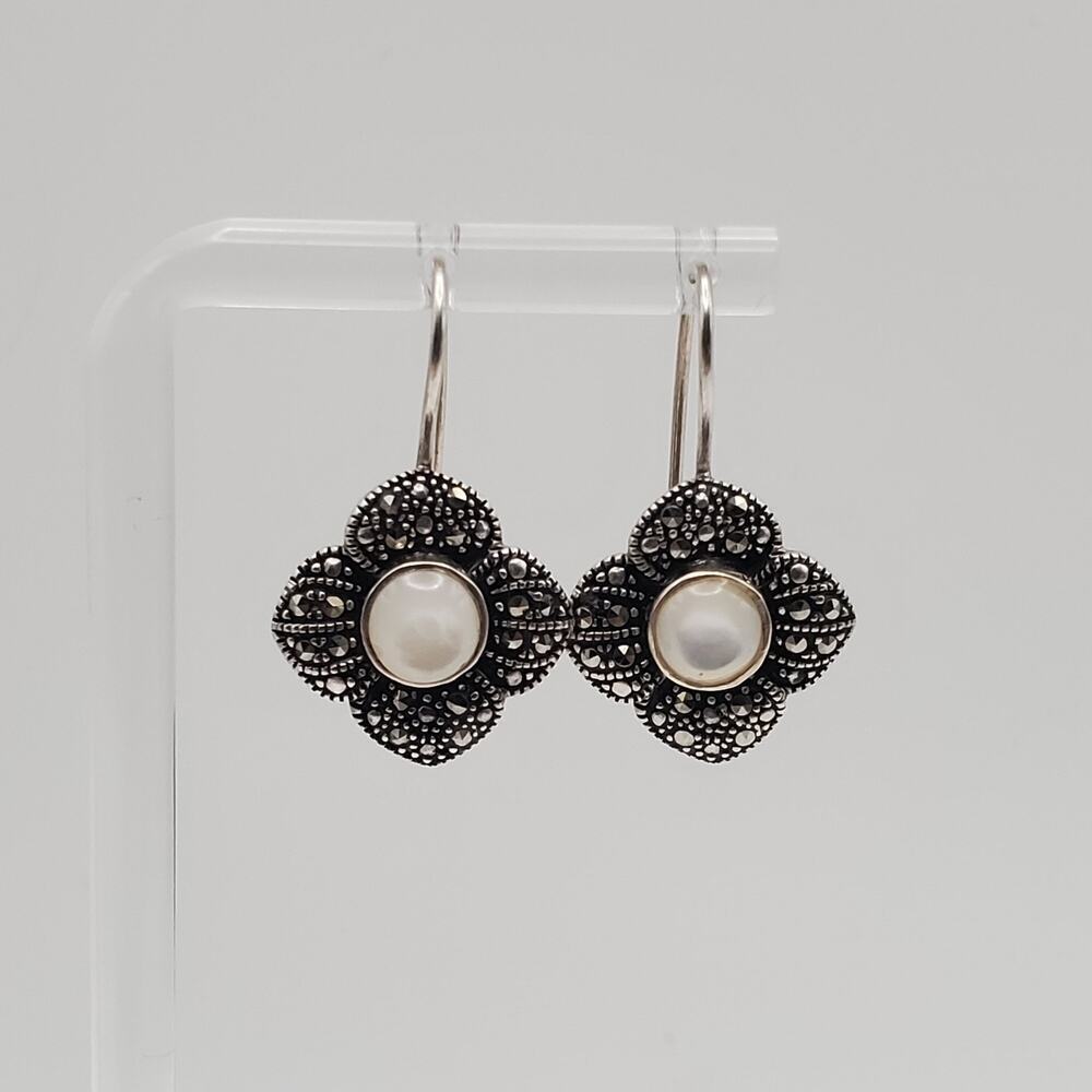 925 Sterling Silver MOP & Marcasite Flower Drop Dangle Earrings Vintage